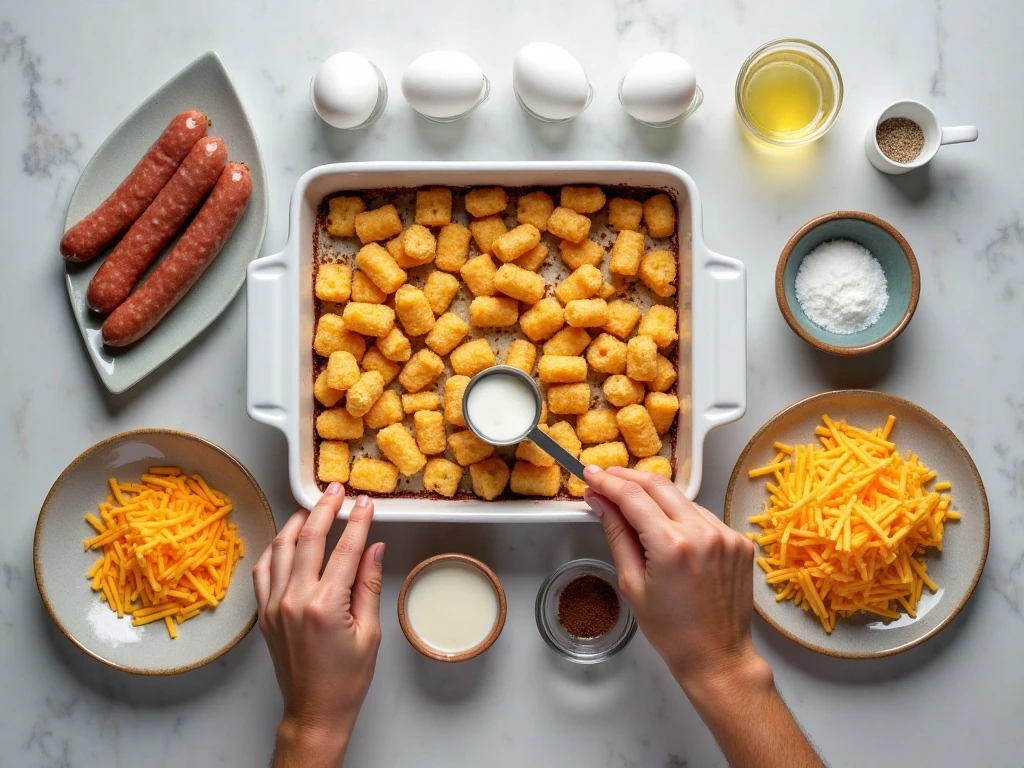 Ingredients for cheesy tater tot casserole with breakfast sausage