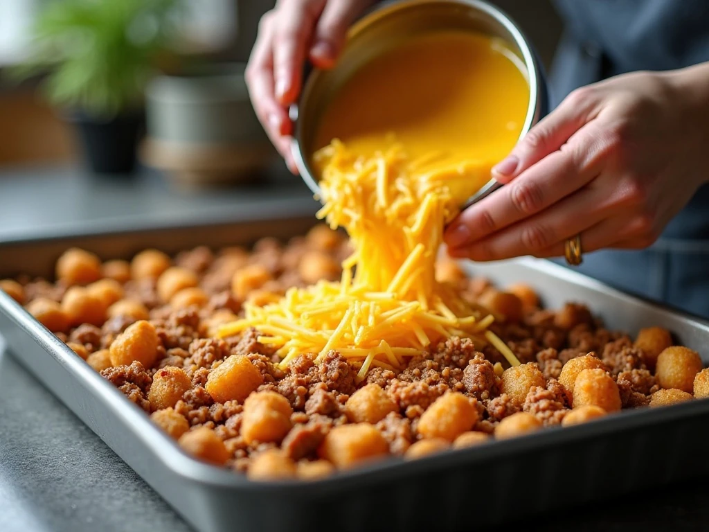 Layering sausage and cheese for a tater tot breakfast casserole
