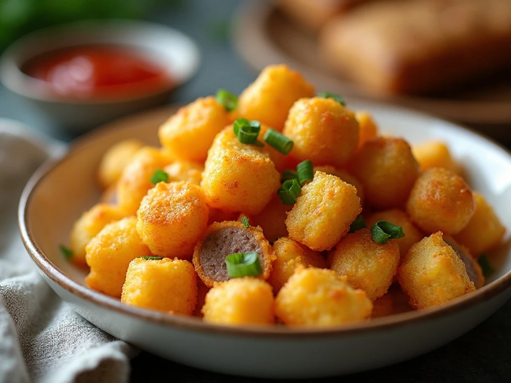 Crisp tater tots and cheesy sausage egg casserole close-up