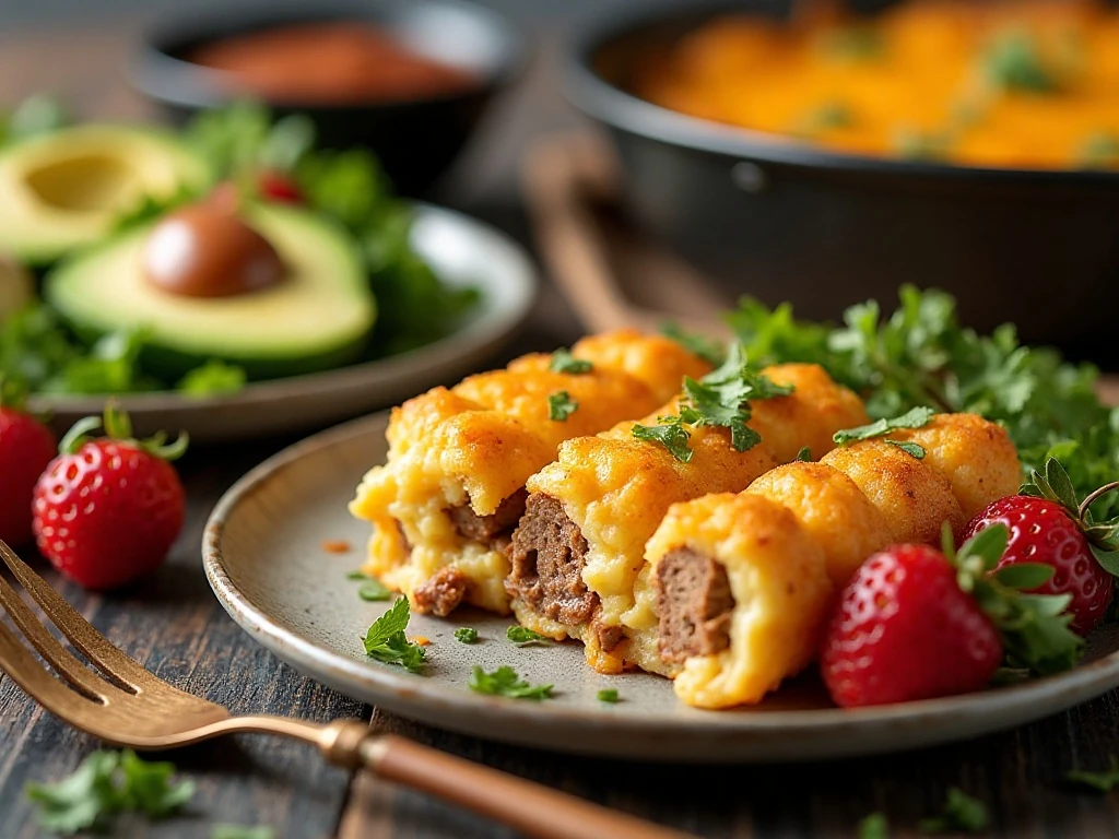 Breakfast casserole served with fruit avocado salsa and hot sauce