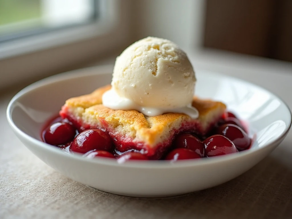 Warm cherry cobbler served with vanilla ice cream