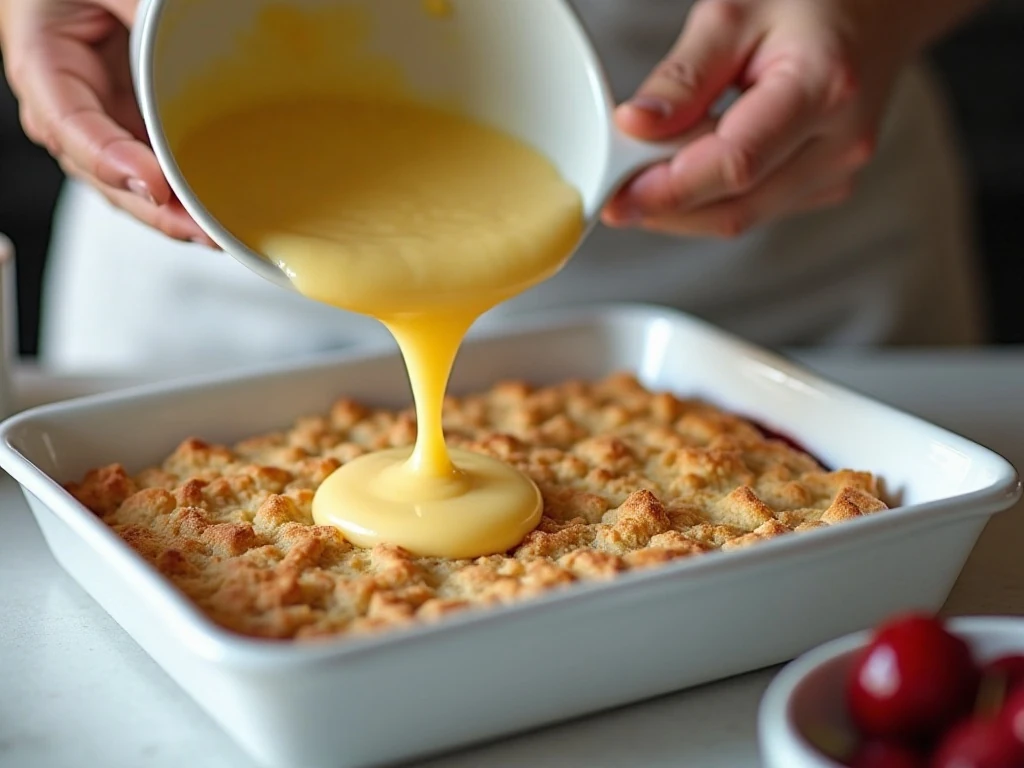 Pouring cobbler batter over melted butter