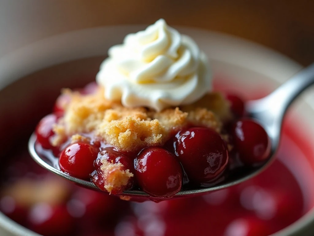 Cherry cobbler topped with ice cream and whipped cream