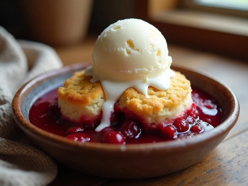 Warm homemade cherry cobbler with vanilla ice cream