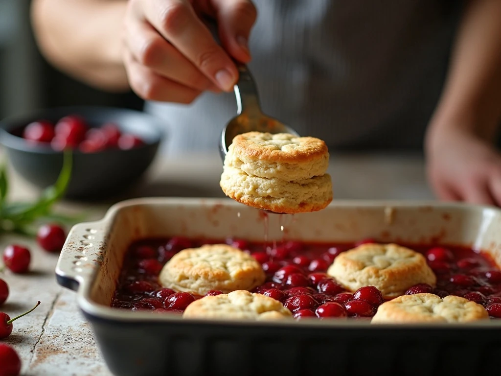 Adding biscuit topping to cherry cobbler filling