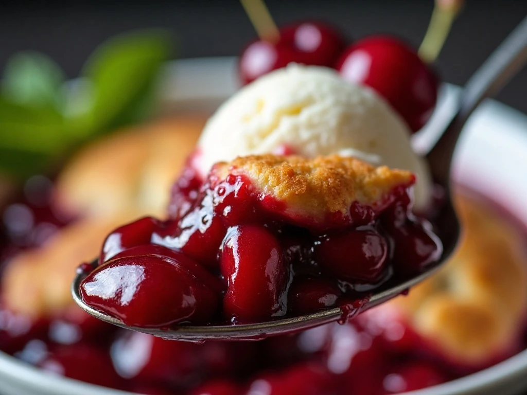 Cherry cobbler topped with vanilla ice cream and fresh cherries