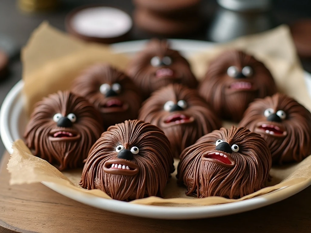 A platter of decorated no-bake Chewbacca cookies