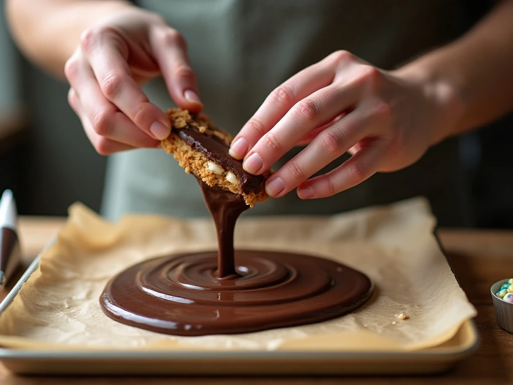 Dipping a sandwich cookie in melted chocolate for Chewbacca cookies