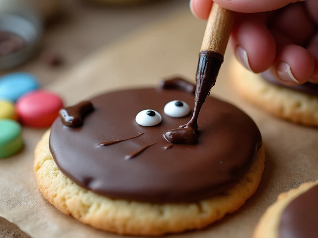 Close-up of candy eyes and icing fur on a Chewbacca cookie