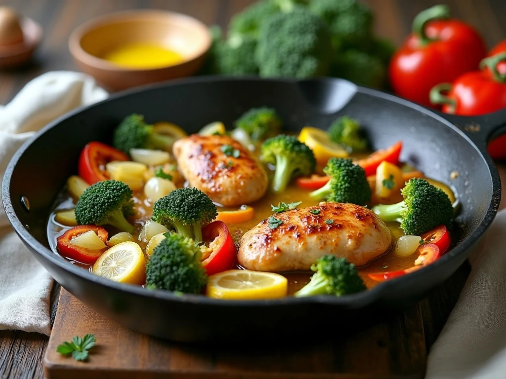 Colorful chicken and veggies skillet ready for dinner