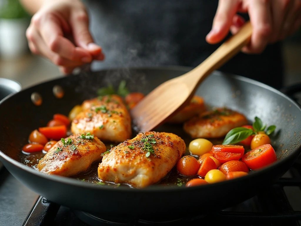 Chicken browning in a skillet before vegetables are added