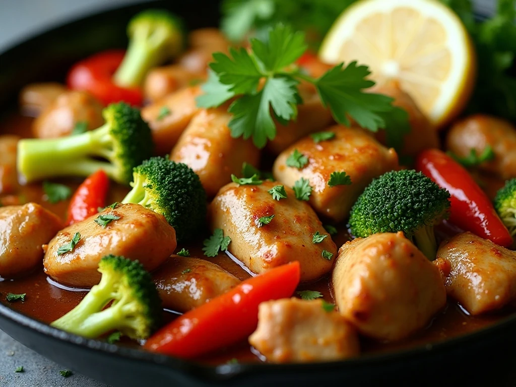 Chicken and vegetables skillet garnished with parsley and lemon