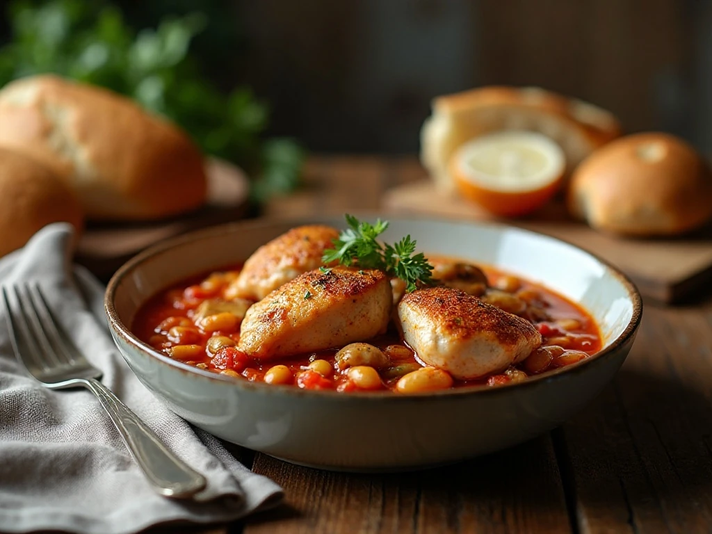 Comforting chicken and white bean cacciatore served with crusty bread