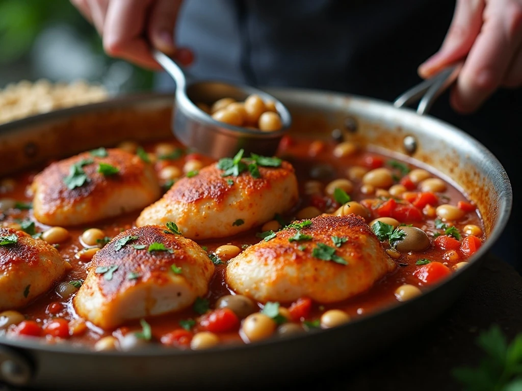 Chicken simmering in tomato sauce with vegetables and beans