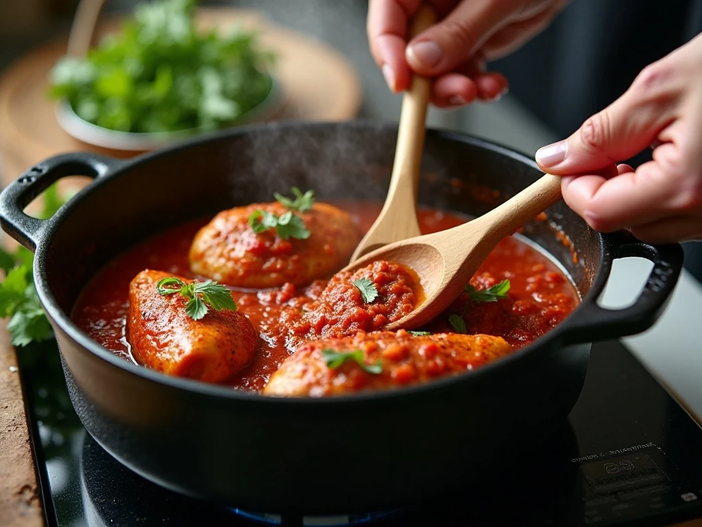 One-pot chicken cacciatore simmering in a Dutch oven