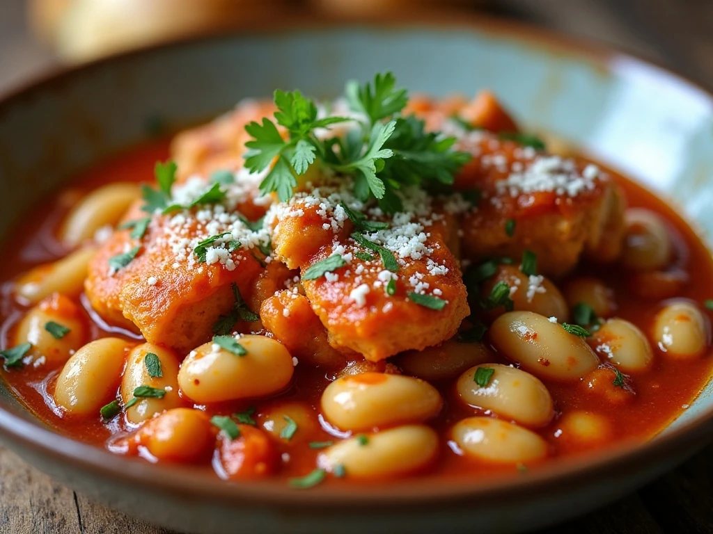 Chicken cacciatore garnished with parsley and Parmesan