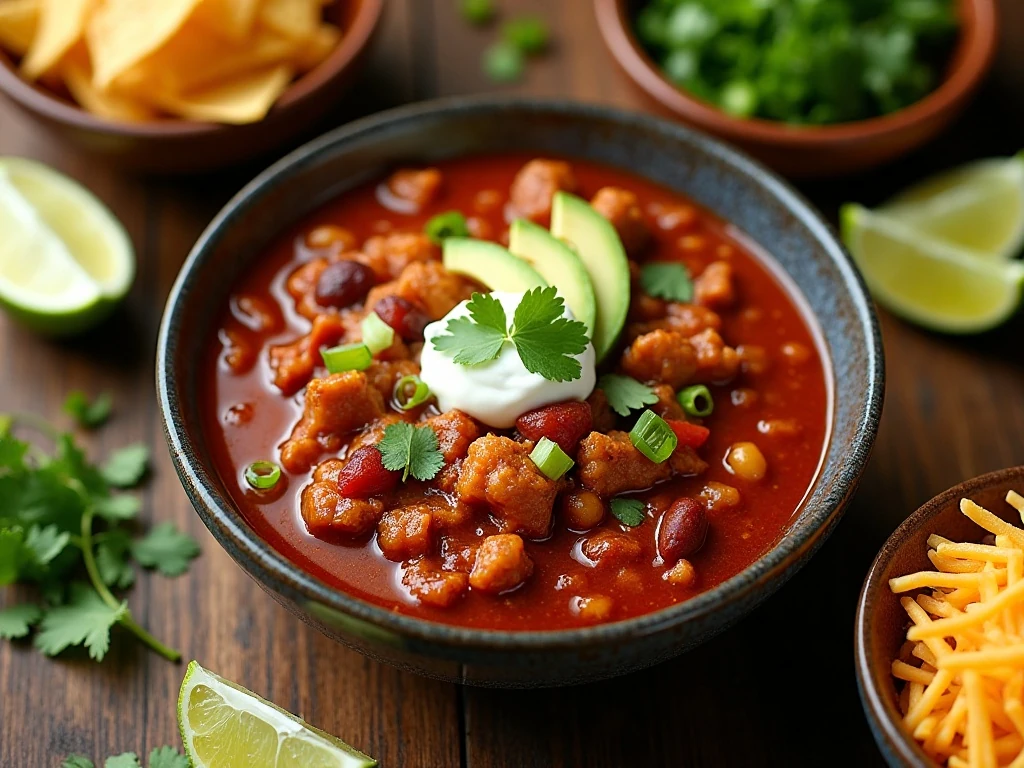 Hearty chicken chili served with fresh toppings for a cozy dinner