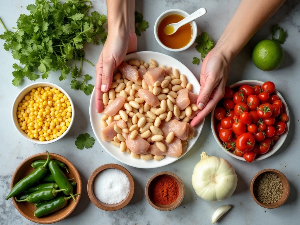 Ingredients for easy chicken chili arranged on a kitchen counter