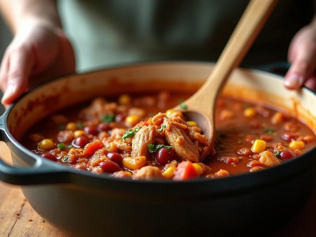Chicken chili simmering in a Dutch oven during preparation