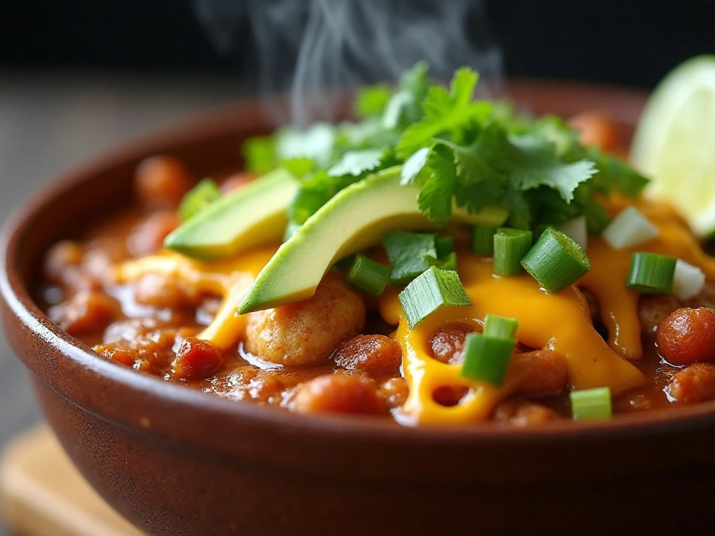 Chicken chili topped with cheese, avocado, cilantro, and tortilla strips