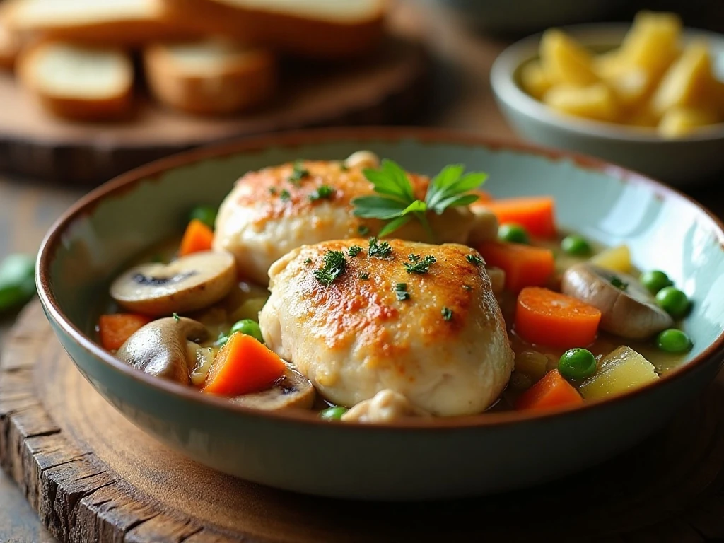 Easy chicken fricassee with golden chicken thighs and creamy vegetable sauce