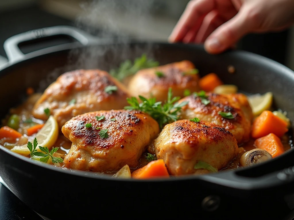 Chicken thighs browning with vegetables for chicken fricassee