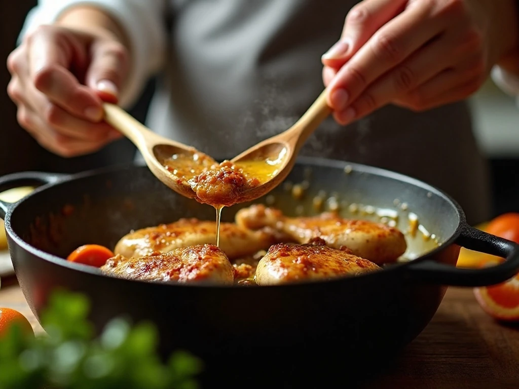 Deglazing the pan with white wine for chicken fricassee sauce