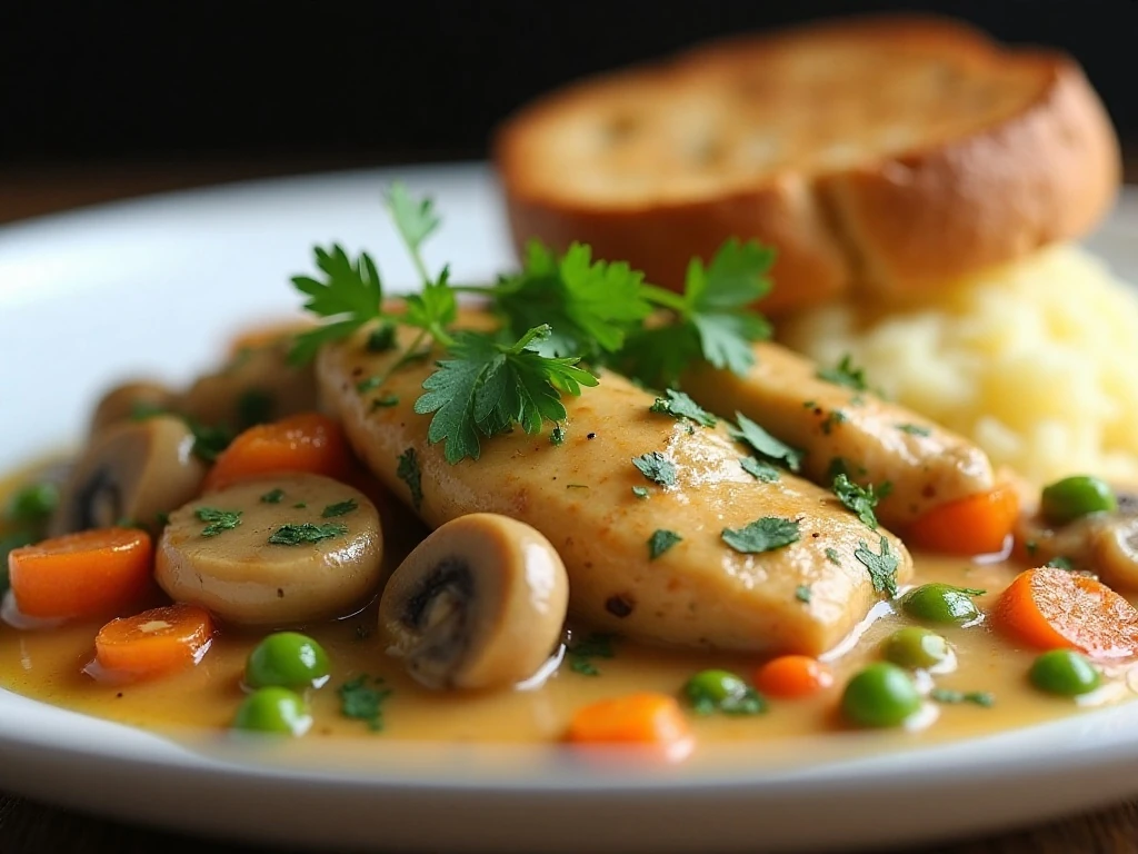 Chicken fricassee garnished with fresh parsley and served with sides