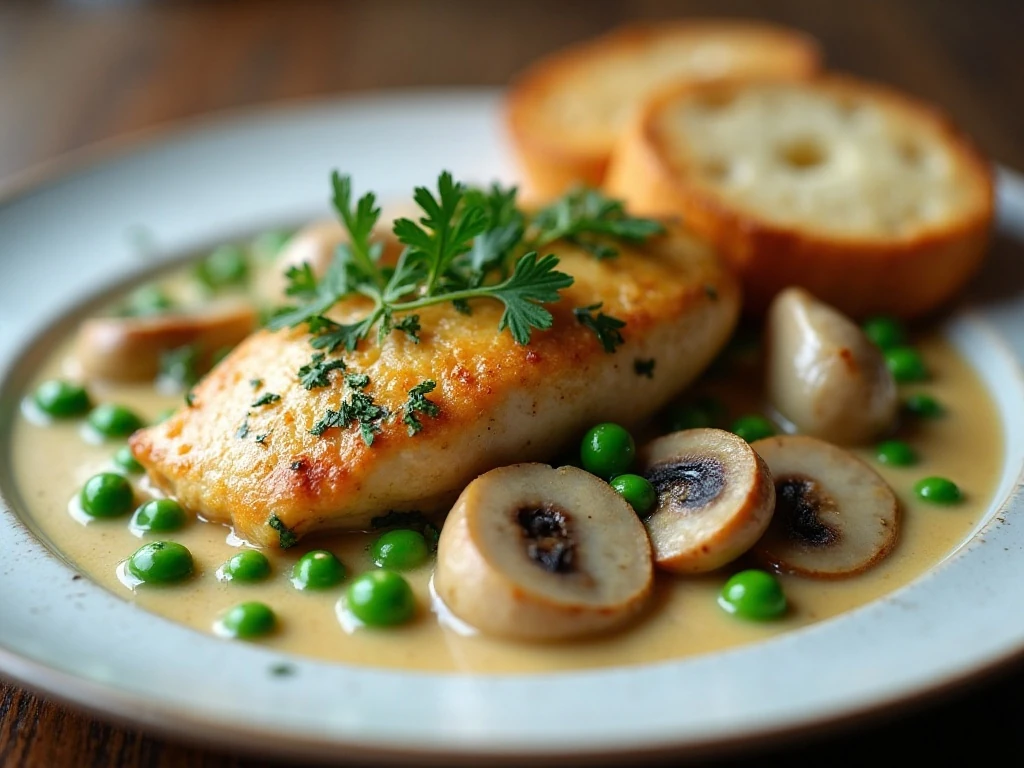 Creamy white-wine chicken fricassee served for dinner