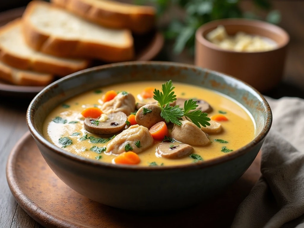Creamy chicken Marsala soup served with crusty bread