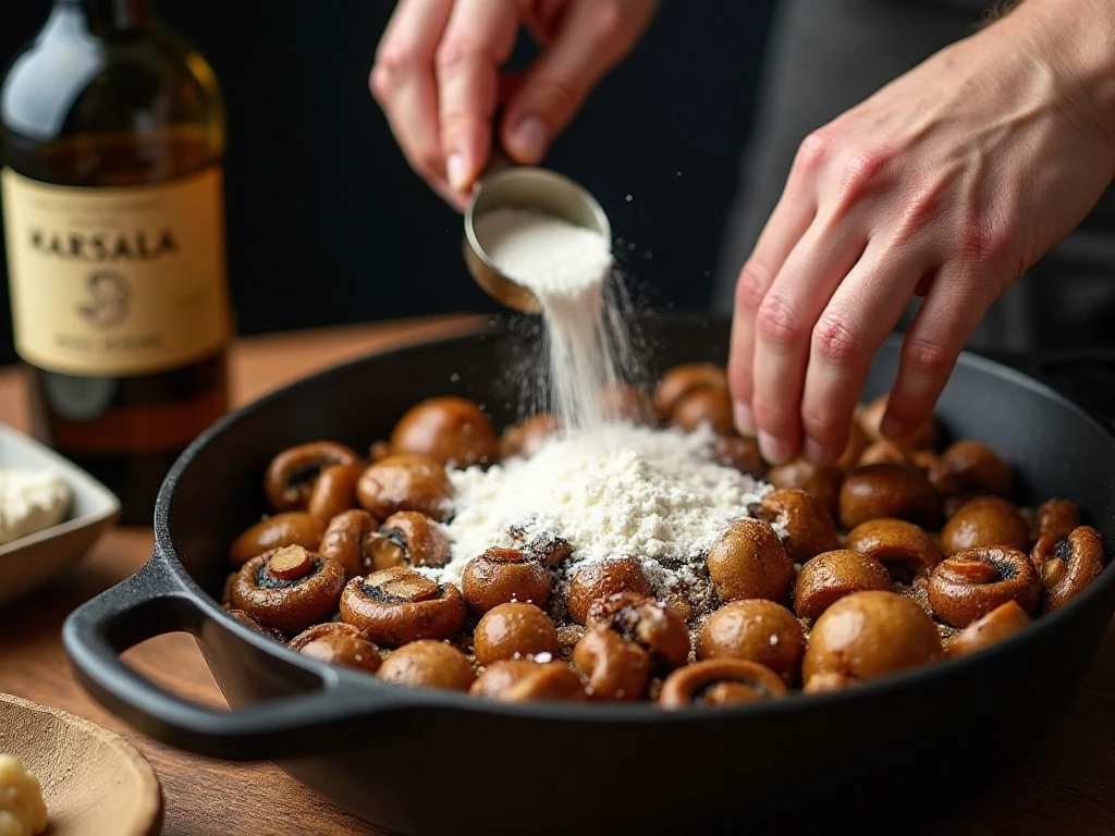 Browning mushrooms for savory chicken Marsala soup
