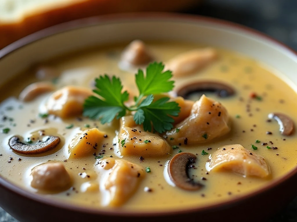 Chicken Marsala soup garnished with parsley