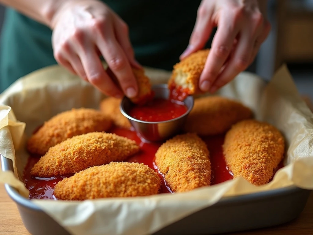 Assembling chicken Parmesan sliders in a baking dish