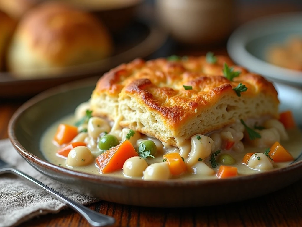 Serving of creamy chicken pot pie casserole with golden biscuits