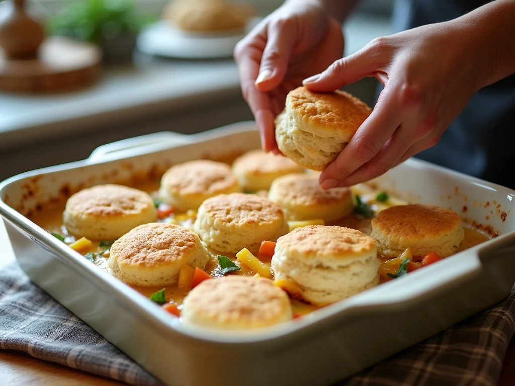 Arranging biscuits over chicken pot pie casserole filling