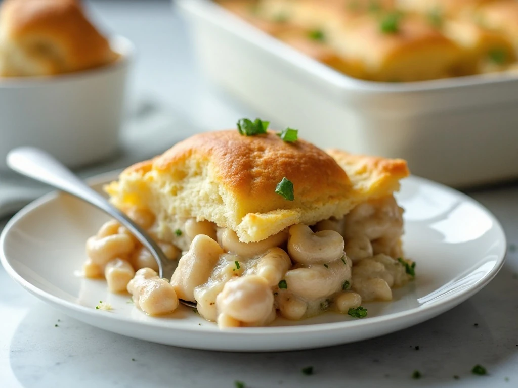 Stored and reheated chicken pot pie casserole portion