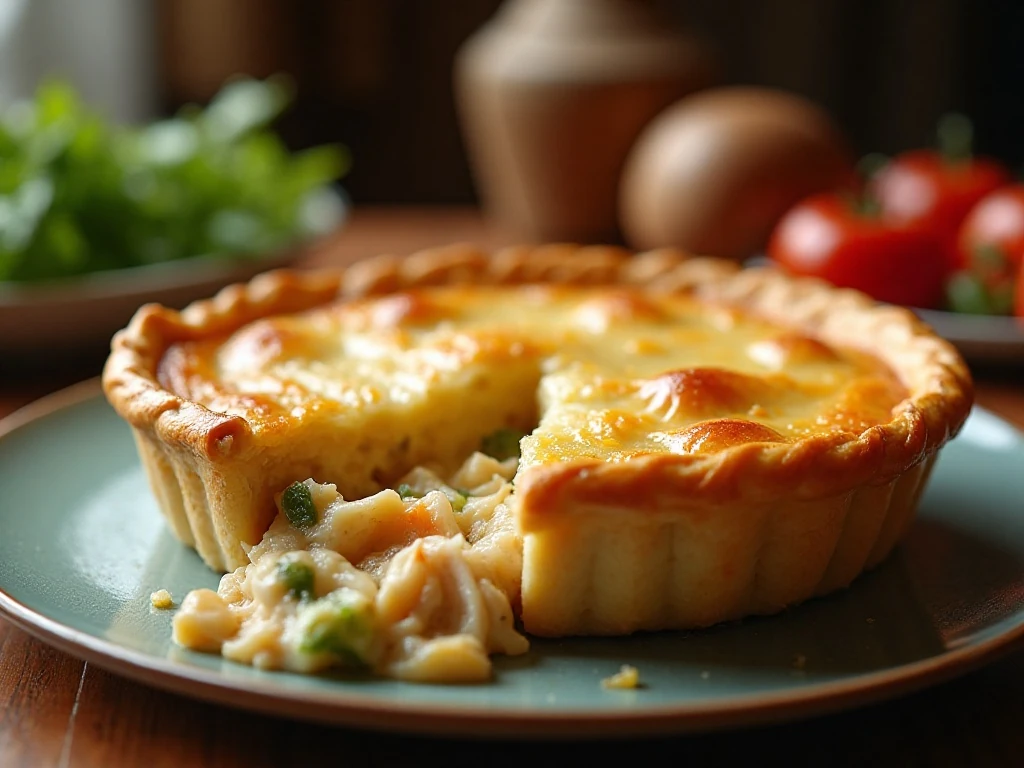Golden chicken pot pie with a slice showing creamy chicken and vegetables