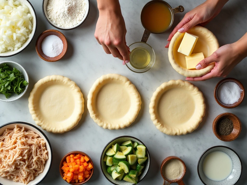 Ingredients for easy chicken pot pie arranged on a counter