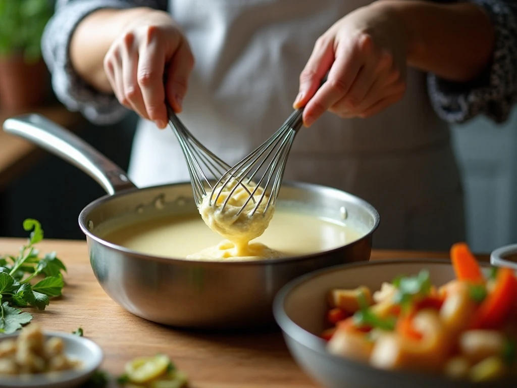 Making the creamy chicken pot pie sauce in a saucepan