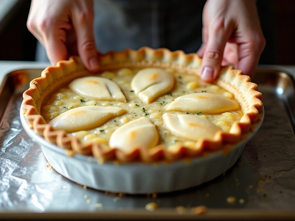 Unbaked chicken pot pie with crimped edges and steam vents