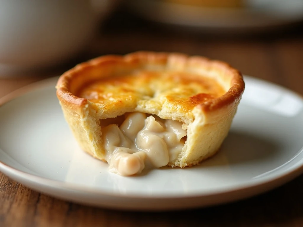 Reheated chicken pot pie slice with crisp golden crust