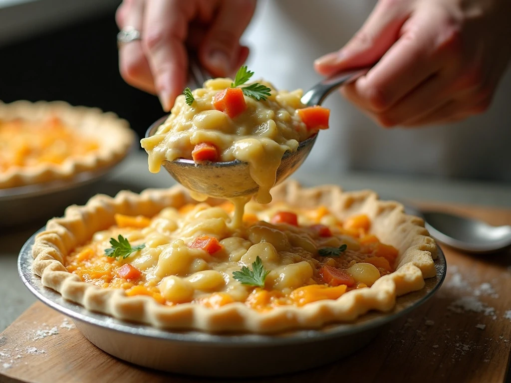 Chicken pot pie filling being added to the bottom crust