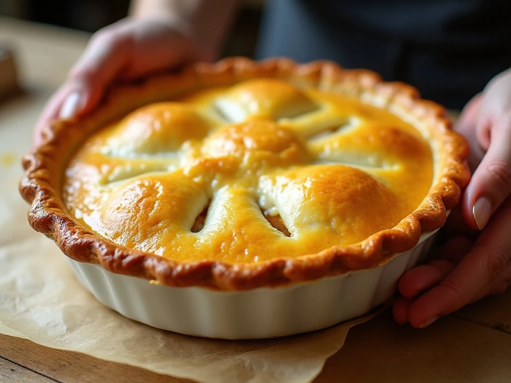 Sealed chicken pot pie with vent slits and golden egg-washed crust