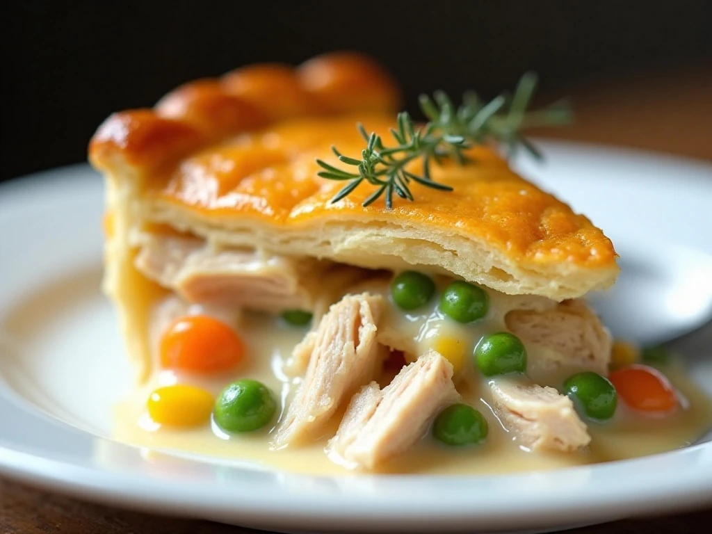 Close-up slice of creamy chicken pot pie with flaky crust