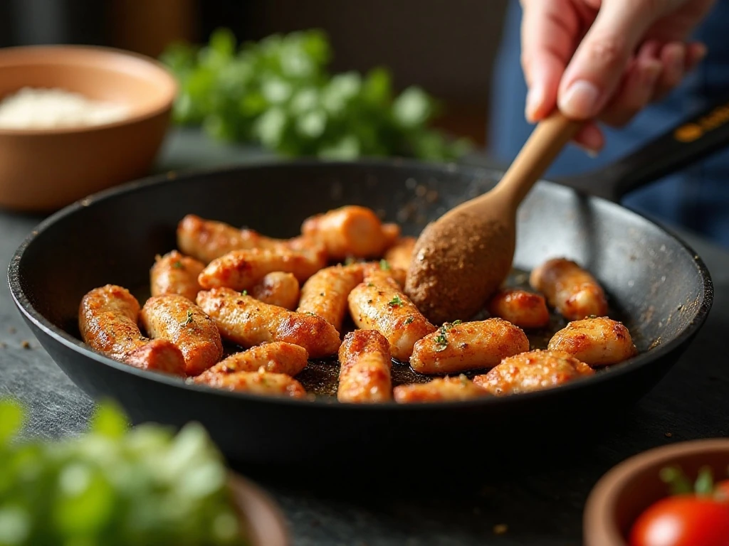 Seasoned chicken cooking in a skillet for tacos