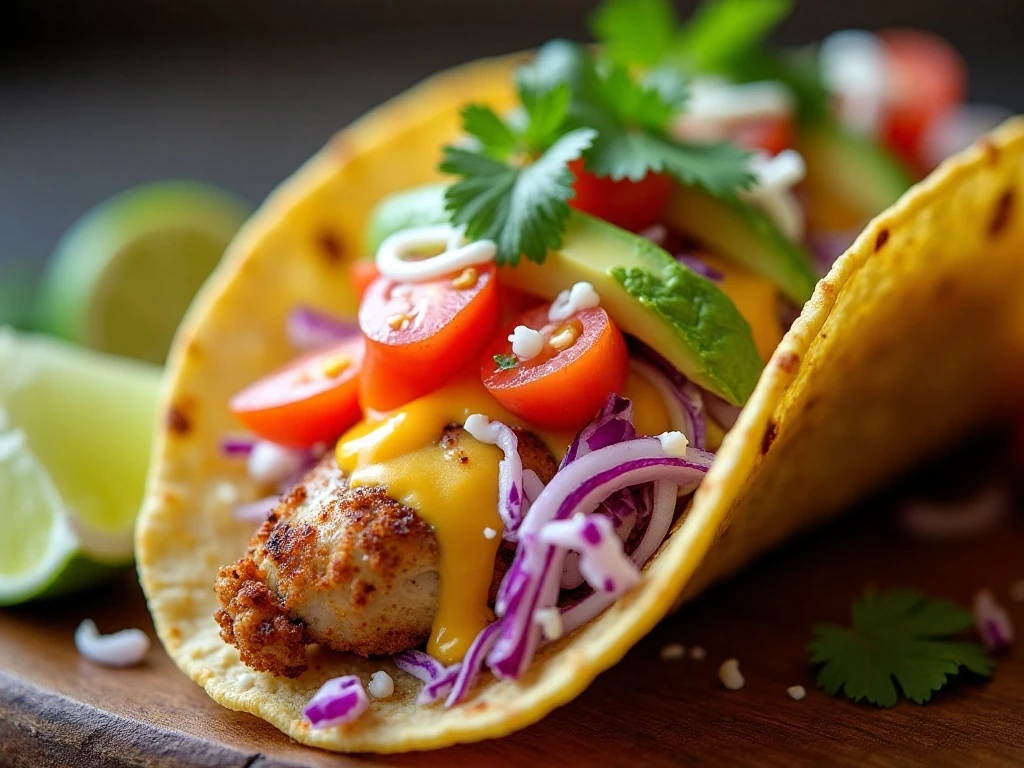Chicken taco with fresh vegetables avocado cheese and crema