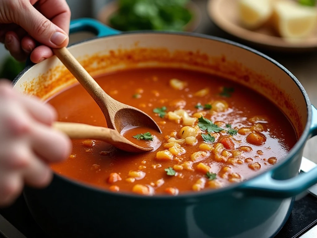 Soup simmering in a Dutch oven during preparation