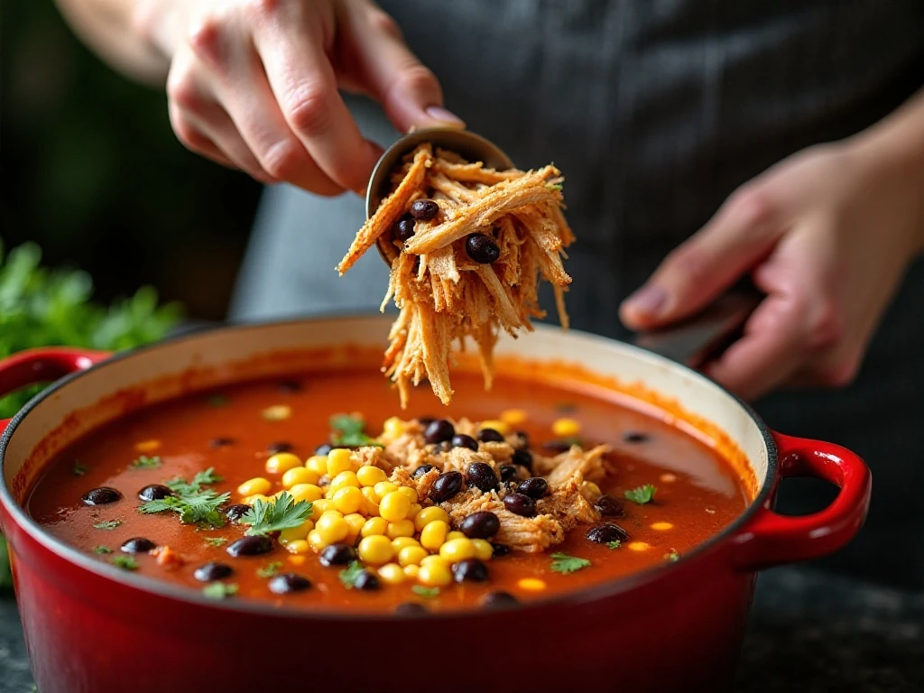 Adding chicken beans and corn to tortilla soup