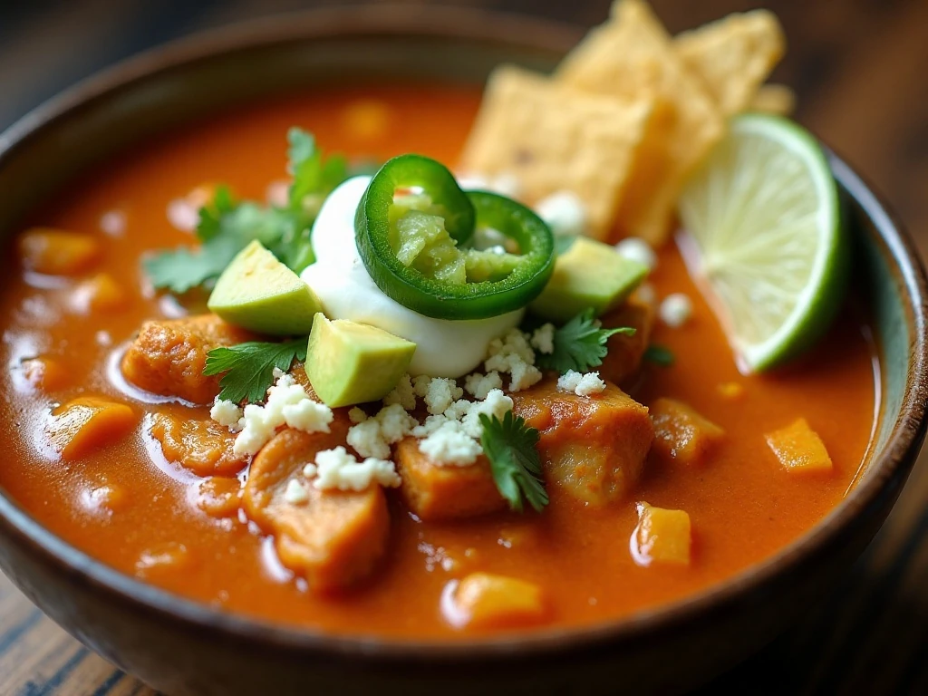 Chicken tortilla soup topped with avocado cilantro cheese and tortilla strips