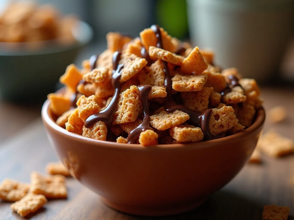 Bowl of chocolate Chex caramel crunch clusters